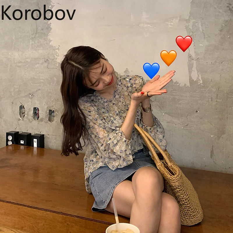 

Korobov Korean O Neck Long Sleeve Flower Pattern Blouses Vintage Ruffles Casual Korean Shirts Female Chiffon Blusas Mujer 2a395