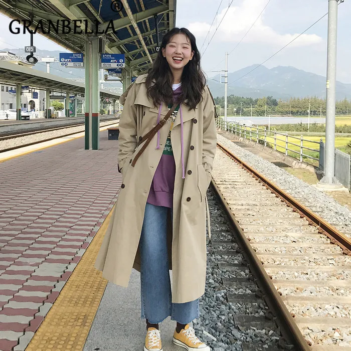 

Temperament Loose British Style khaki Long Trench Coat Vintage Solid Color Double Breasted Turn-Down Collar Female Windbreaker