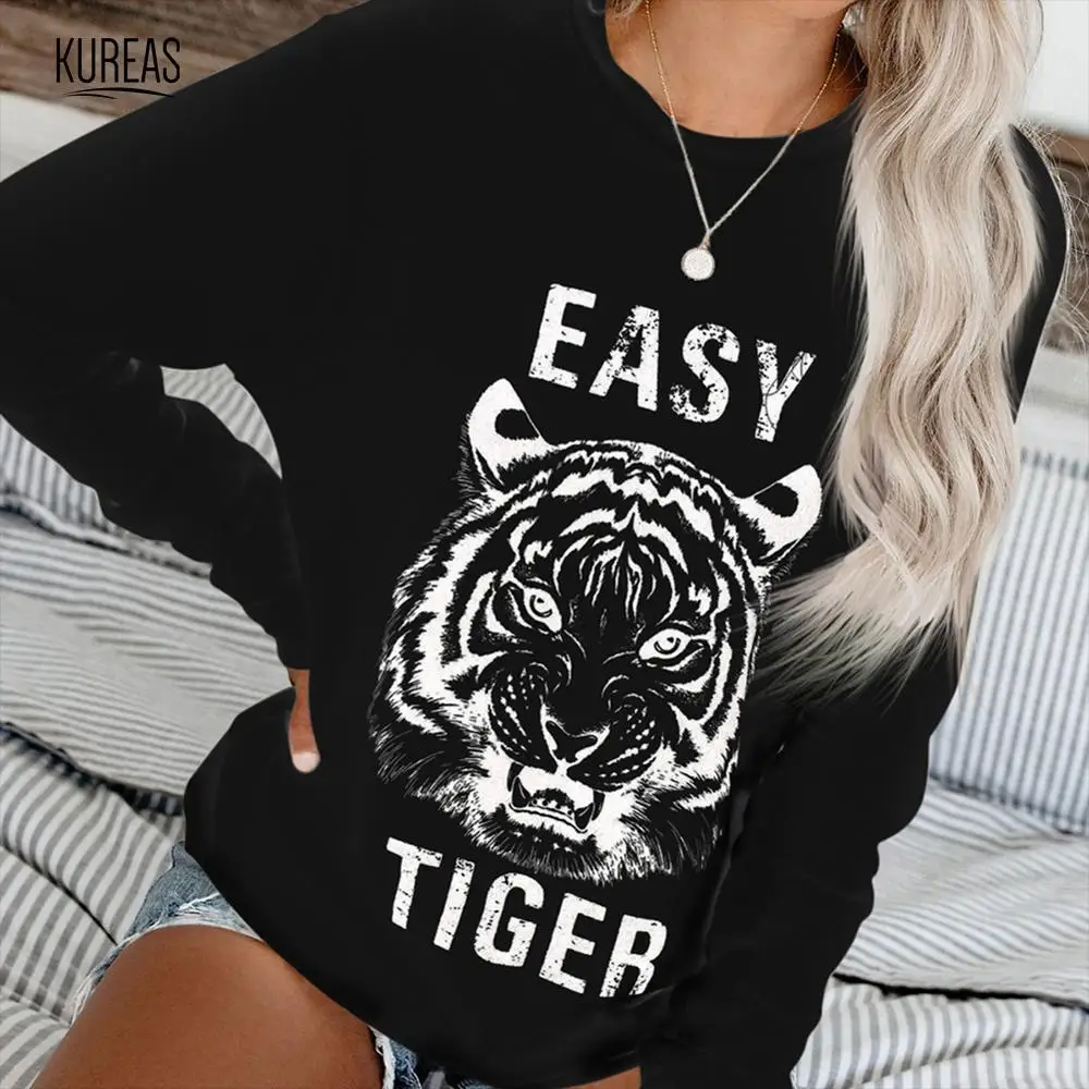  Kureas Women Knitted Hoodies Winter Autumn Pullover Long Sleeve Sweatshirts Casual Tiger Bear Lette