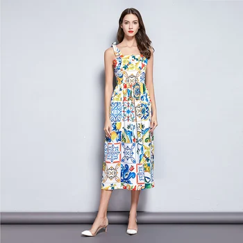 

Summer Dresses Casual 2020 Women Bow Spaghetti Strap Backless Blue White Floral Porcelain Print Loose Long Maxi Dress Vestidos
