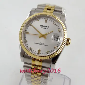 

36mm PARNIS golden dial 21 jewels miyota luminous Date automatic mens watch