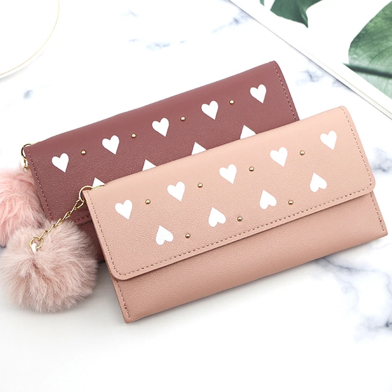 Women's purses Long Wallets Pure Color Wool Ball Bow Clutch Bag Card Coin Purse Standard Wallets PU Solid Polyester Wallet