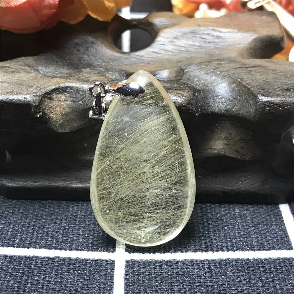 Natural Gold Rutilated Quartz Pendant Jewelry For Women Crystal 34x20x10mm Clear Stone 925 Silver Necklace Pendant AAAA