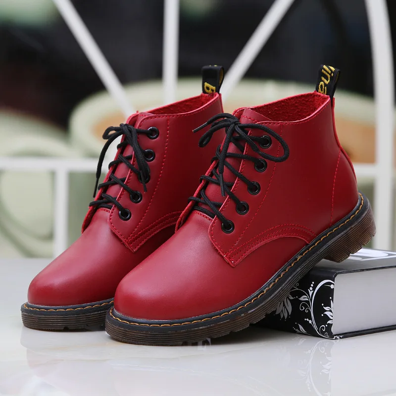 

Spring And Autumn Low Top Genuine Leather Martin Boots British Style Flat Heel Locomotive Short Ankle Boots Lace-up round Women'