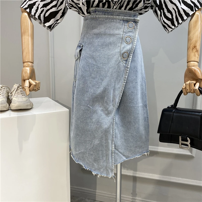 

Denim Skirt Women New Harajuku Side Edge Pocket Light Blue Skirts 2020 Spring and Summer New Products Medium-length Skirt Femme