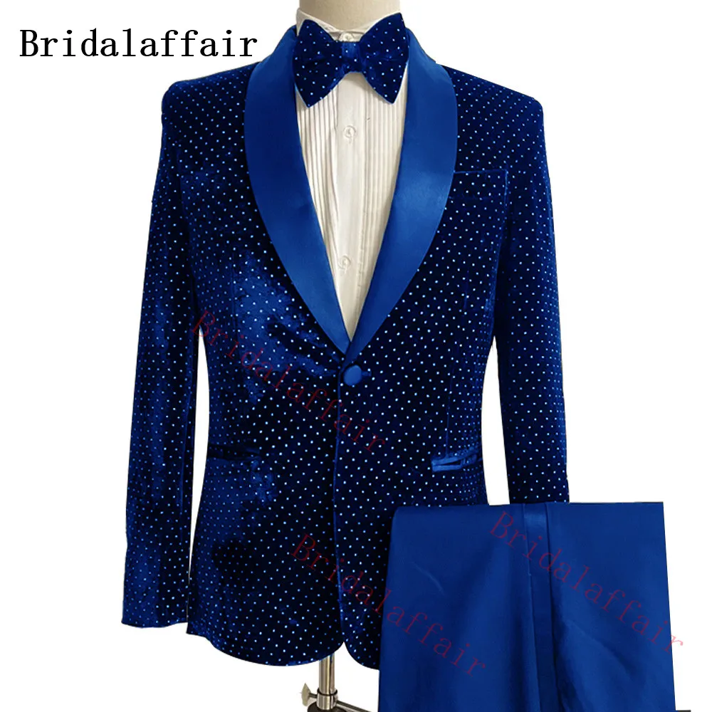 Bridalaffair Men's Winter Royal Blue Velvet Suit Wedding Tuxedo With Diamond Decoration Slim Fit Men's Fashion Party Costume