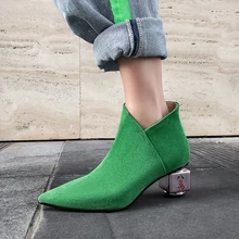 Женские осенние ботильоны с острым носком; Модные Замшевые полуботинки зеленого цвета; Botines Mujer; квадратный высокий каблук 5 см; botas femininos Zapatillas