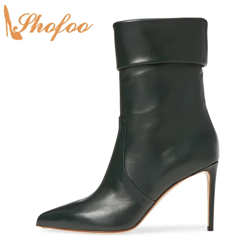 Черные женские ботинки на очень высоком тонком каблуке; ботильоны с острым носком модная женская обувь без застежки для зрелых женщин; боль...