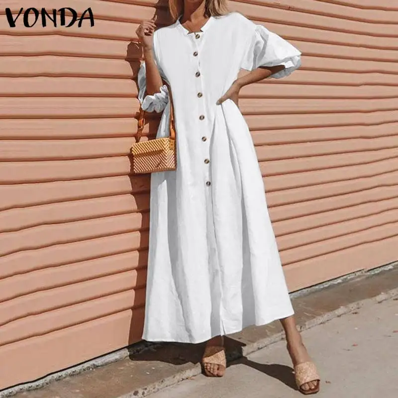 Casual Solid Maxi Dress Women's Autumn Sundress VONDA Vintage Cotton Tunic Vestido Female Short Sleeve Robe Femme Plus Size