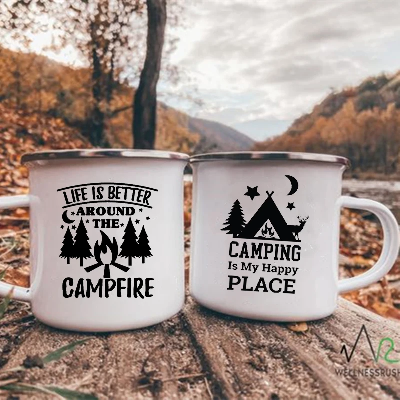 Happy Camping Enamel Cups Coffee Wine Mugs Handle Drinkware Vacation