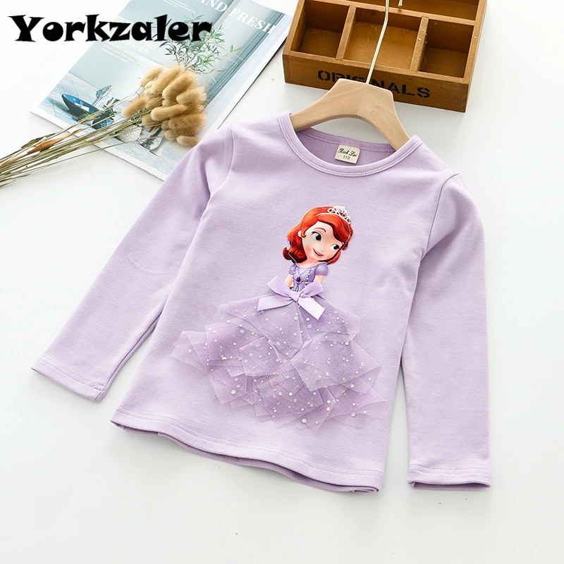 Fashion Long Sleeve T Shirt Cartoon 3D Lace Princess Shirts Elsa/sofia T Shirts Children Outfits Tops Basic Clothing