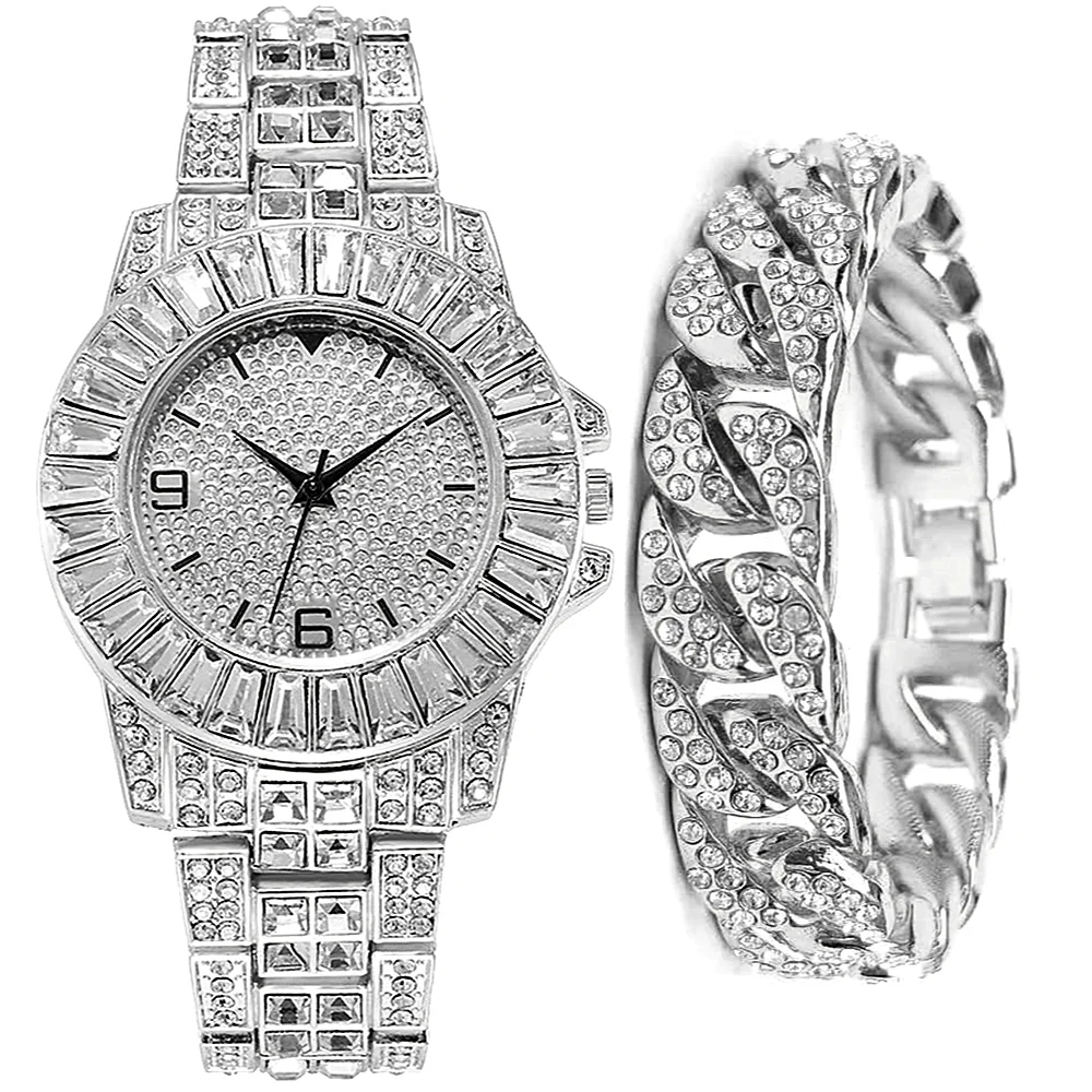Gold Diamond Cool Iced Out Watch + Bracelet for Men Couple Luxury Male Clock with Cuban Chain Fashion Jewelry Religio Masculino