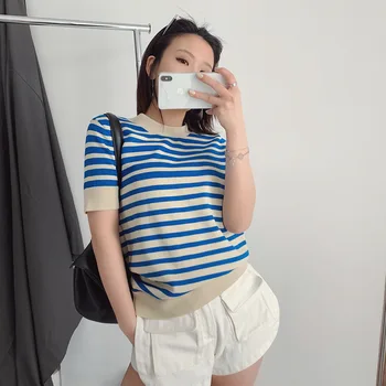 

2020 Spring Summer Women Blue Gradient Stripe Knitwear Navy Short Sleeve T-shirt Women's Top knitted sweater