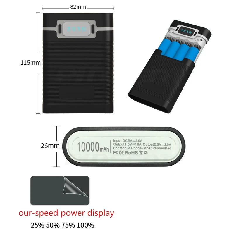 Двойной USB lcd анти-обратный портативный блок питания 4x18650 DIY дисплей зарядное устройство 5V 2A банк питания чехол с светодиодный фонарик