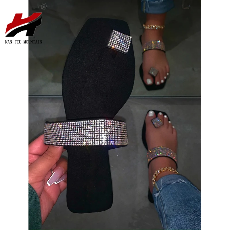

NAN JIU MOUNTAIN 2020 Women Flat Sandals Summer Rhinestone Sandals High-Quality Flip-Flops Simple Slippers Beach Slippers Women