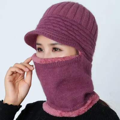 Модная зимняя вязаная шапка женская шарф маска Балаклава Skullies Beanies шапки для женщин теплый мягкий шерстяной мех шапка шапочка шапки - Цвет: purple