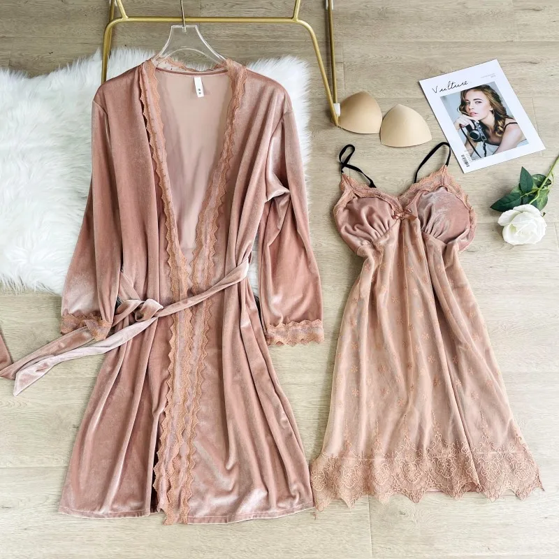 

2021 Autumn New Nightwear Soft Velour 2pcs Kimono Robe Set Intimate Lingerie Women Casual Sleepwear Bathrobe Gown Lace Nightgown