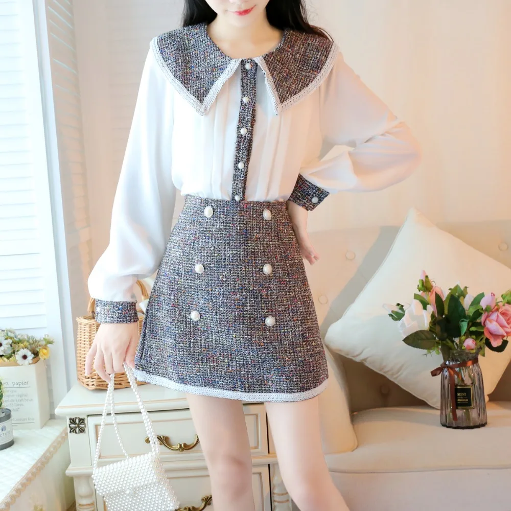 BLLOCUE, Осень-зима, элегантная женская женский комплект 2 шт., твидовая шифоновая рубашка с кисточками, топ+ двубортная шерстяная мини-юбка, костюм