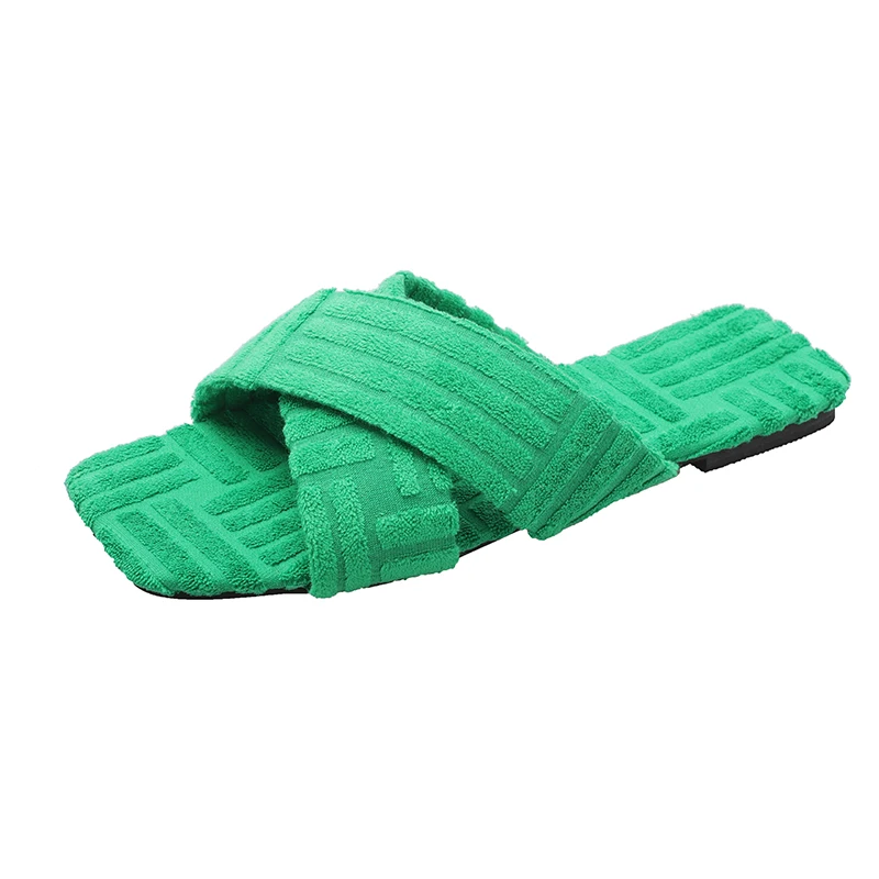 2022 New Sweet Autumn and Winter Women's Flat-heel Slippers Fashion Fleece Love Green Shoes Casual Cotton Slippers Ladies