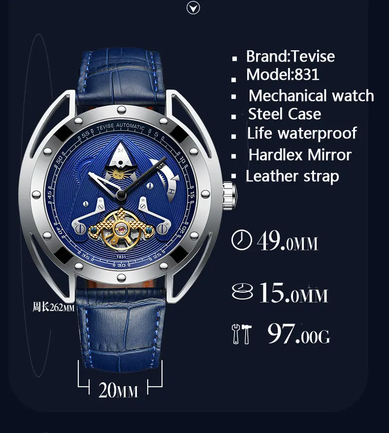 Tevise водонепроницаемые Tourbillon Мужские автоматические механические часы спортивные Топ брендовые модные синие мужские наручные часы Relogio Masculino