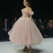 Robe de bal en Tulle rose, épaules dénudées, longueur cheville, élégante, tenue de soirée de princesse, avec nœud bouffant et perles, nouvelle collection
