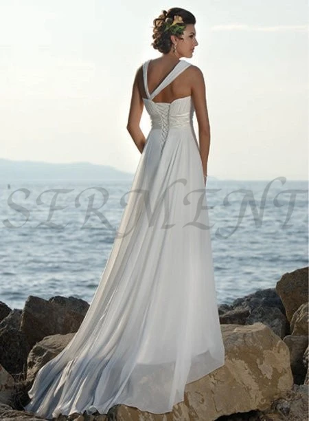 

Simple Beach Wedding Dress Oen Shoulder Empire A-line Back Lace Up Lacework Design White Style Embroidery Flower Lace Neck Line