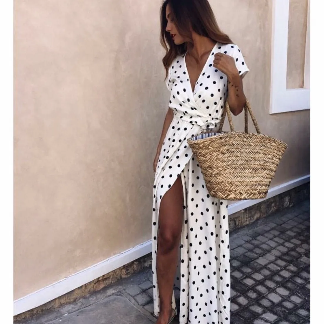 Sexy Deep V neck Short Sleeve Polka Dot Maxi Dress Women 2020 Summer Chiffon Boho Beach Plus Size Long Dresses Woman Femme Robe