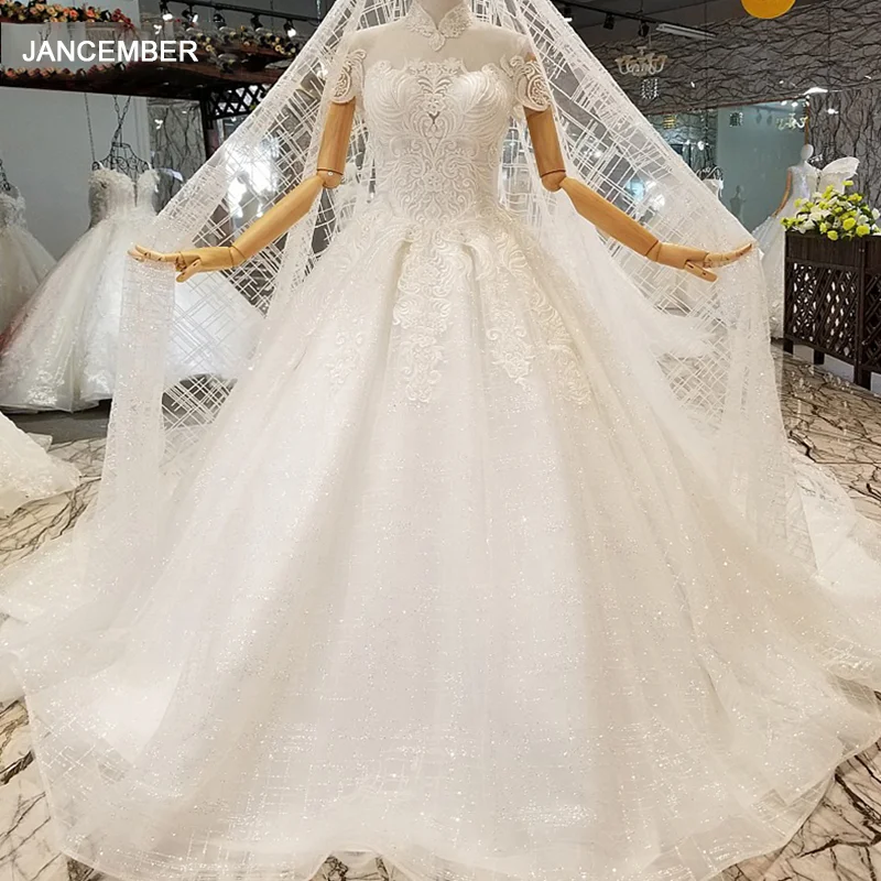 LS300400 элегантные блестящие свадебные платья с высоким воротом сексуальные
