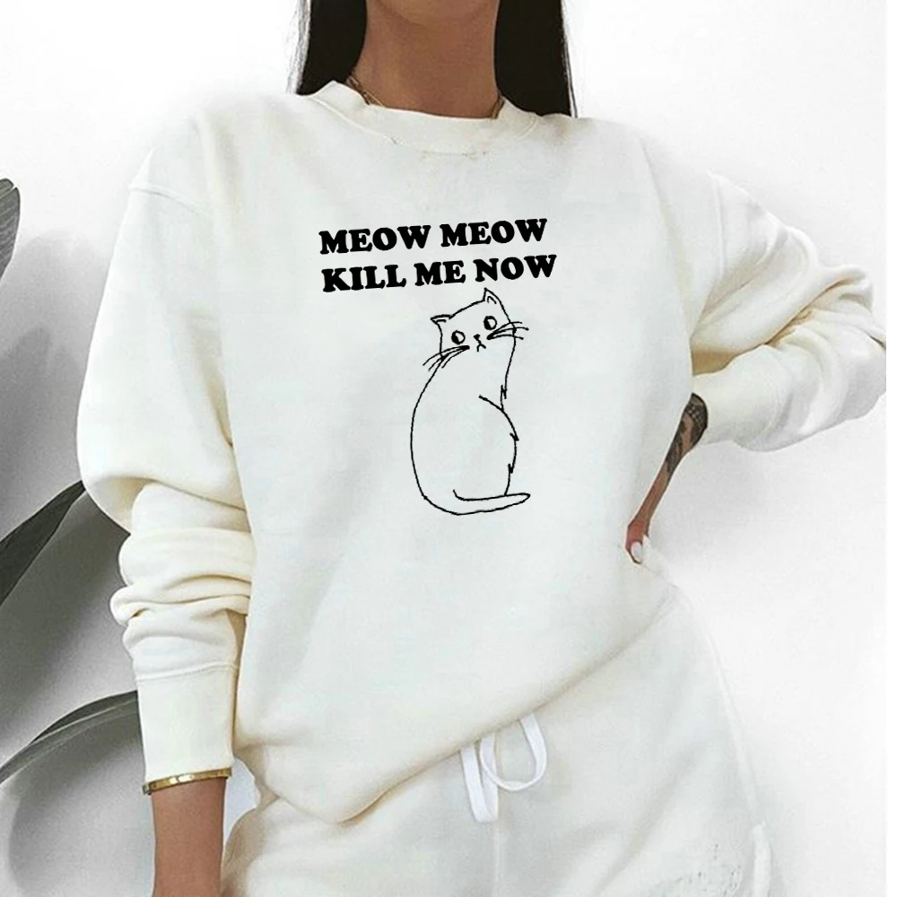 

Women's Cat Print Lightweight Sweatshirt Long Sleeve Casual Pullover White Hoodie Oversized Tops Mori Girl Sudadera De Algodon