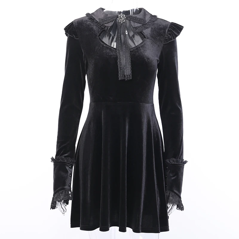 InsGoth, кружевное винтажное мини-платье, женское, готическое, с длинным рукавом, пэтчворк, выдалбливают, тонкое, черное платье, уличная одежда, рождественское платье для вечеринки