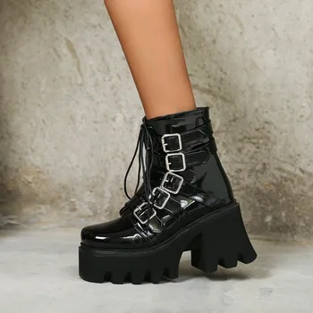 

US4-11 Womens Platform Ankle Boots Motorcycle Belt Buckle Chunky High Heel Shoes Lace Up Warm Winter Plus Size Punk Motorcycle