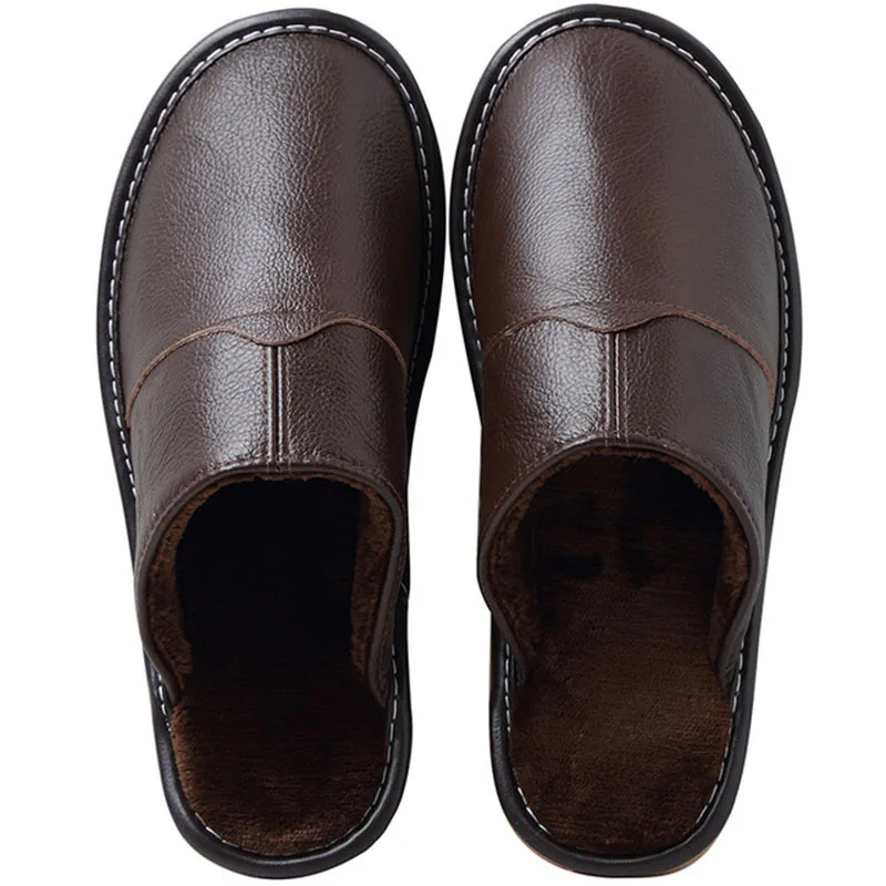 

Leather Home Slippers for Men Winter Warm Plush Slippers Bedroom Genuine Leather Unisex Men/women House Indoor Shoes