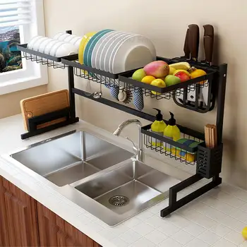 

2 Layers Multi-use Stainless Steel Dishes Rack Stready Sink Drain Rack Kitchen Oragnizer Rack Dish Shelf Sink Drying Rack Black