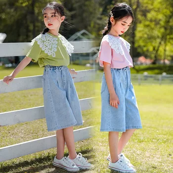 

2020 Summer Girls Clothes Short SLeeve T-Shirt Denim Knee Length Pants Kids Clothes Lace T-shirt For Teenage Girl Clothes CC039