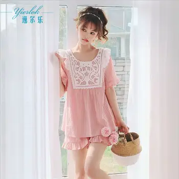 

Women's Short sleeve Lace nightgown Female square collar Cotton Pajamas Set Casual Chemise Two-Piece Suit Solid home clothing