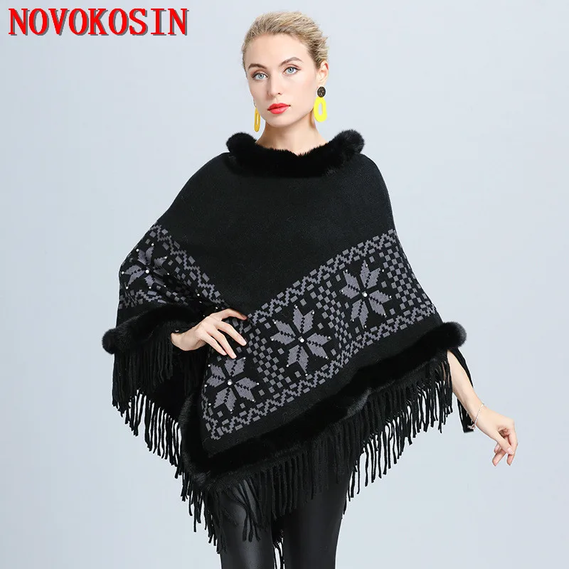 

5 Color Winter Fur Neck Warm Floral Coat 2020 Plus Size Triangle Poncho Women Cape Big Pendulum Dovetail Jacquard Weave Pullover