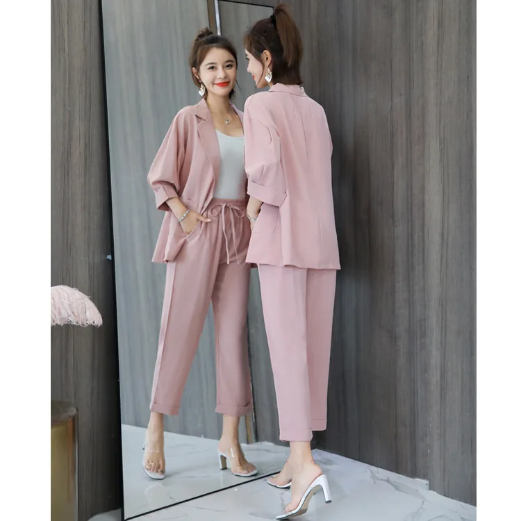 

Summer Pink Casual Small Suit + High-waisted Casual Pants Set Women's Tennis hong yang Gas Royal Sister Two-Piece Set