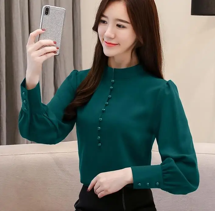 

High Qualiy 2019 Autumn New Arrival Korean Plus Size S-3XL Stand Collar Solid Color Woman Chiffon Blouse Green