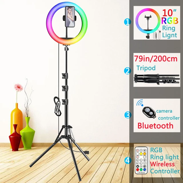 12in 30cm Selfie Ring Light RGB Tripod Phone Stand Holder Photography RingLight Circle Fill Light Led Color Lamp Trepied Makeup 10in RGB Type 1