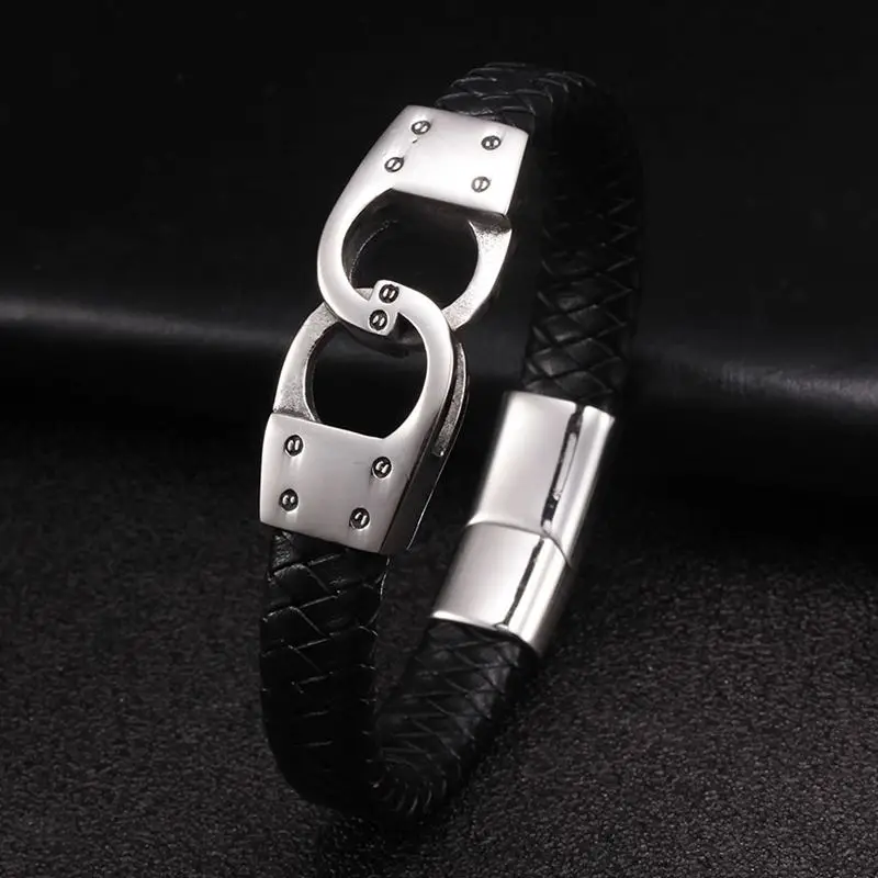 

Vintage Men Boys Sporty Genuine Leather Bracelets Classic Handcuffs Stainless Steel Chain Link Cuff Charm Birthday Bracelets