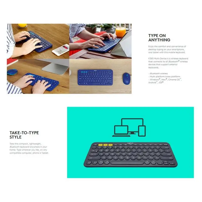 Беспроводная клавиатура logitech K380 с Bluetooth, многофункциональная беспроводная клавиатура для Windows Mac, хромированная ОС, Android, iPhone, iPad