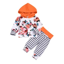 Милая одежда для маленьких девочек весенне-осенний свитер худи с цветочным принтом+ штаны с ремешками, комплект одежды, спортивный костюм для малышей, новая одежда