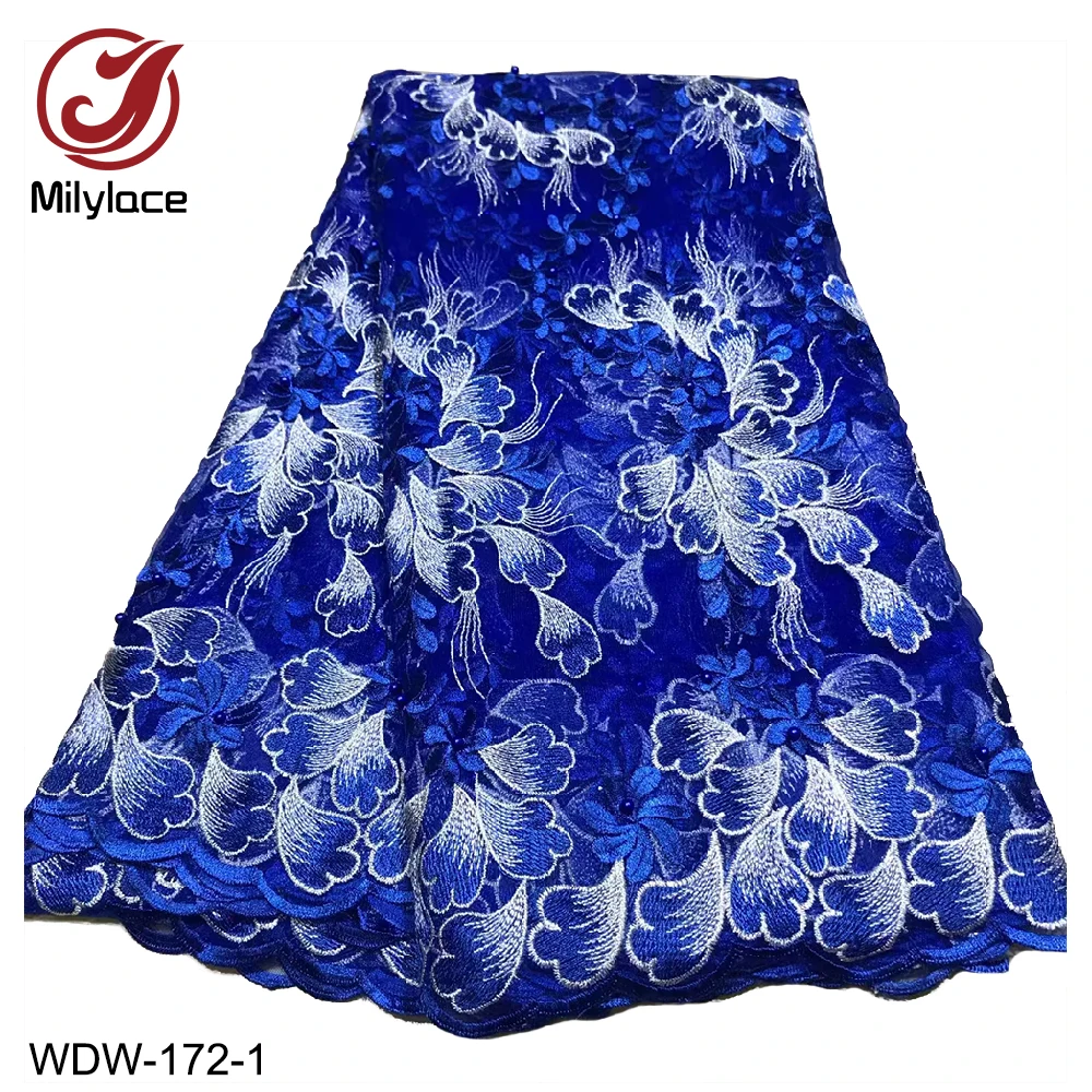 

Delicate embroidery tulle lace fabric 5 yards royal blue net lace African lace fabric with beads for wedding party WDW-172