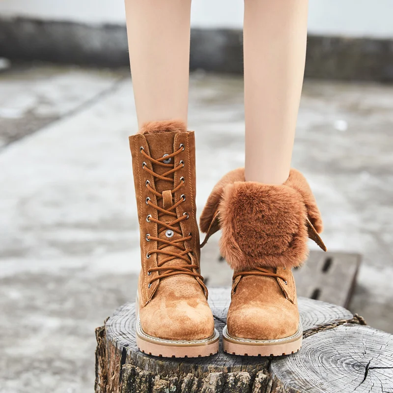 ZSAUAN/женские зимние ботинки; модные женские ботинки из натуральной кожи с круглым носком; женские теплые ботинки с высоким берцем - Цвет: Camel