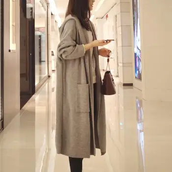 

Casual Women Autumn Solid Color Woolen Knit Hooded Cardigan Loose Thin Long Coat