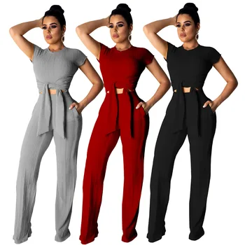 

Solid Ribbed Knitted Women Two Piece Set Front Tie Short Sleeve Crop Top Pockets Wide Leg Pants Casual Suit Tracksuits