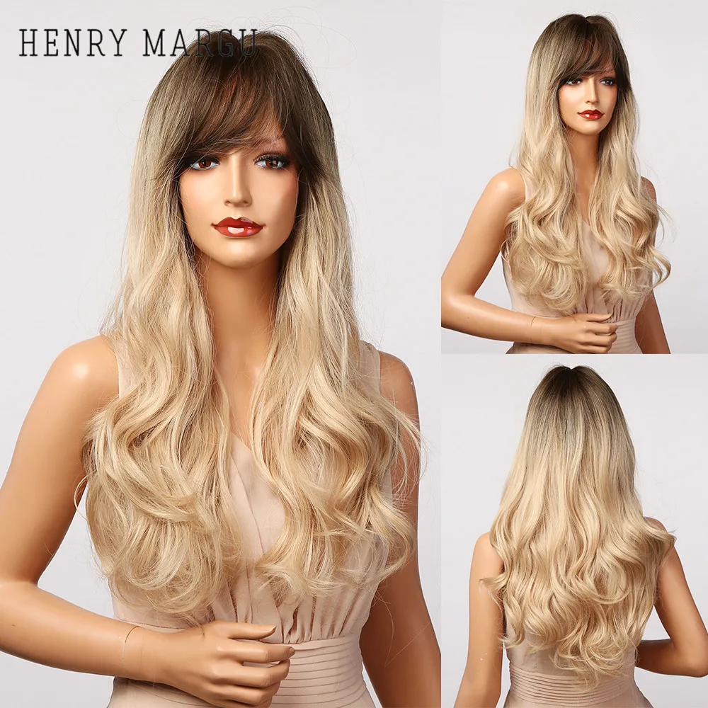 

HENRY MARGU Black Brown Platinum Blonde Ombre Wig Long Body Wavy Synthetic Wig with Bangs Heat Resistant Cosplay Hair for Women