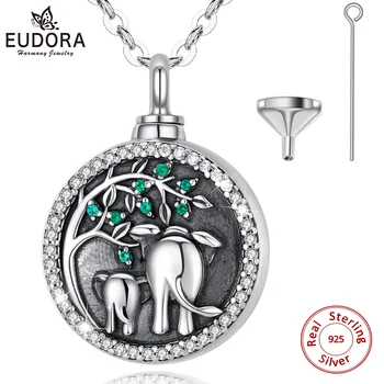 

Eudora Sterling Silver elephant Tree of life Locket pendant cremation memorial ashes urn Crystal green birthstone necklace G17