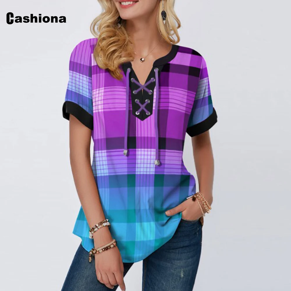 Plus size 4xl 5xl Women New Bohemian Plaid T shirt Drawstring 3D Print Women's Top Vintage 2020 Summer Loose Tees Femme | Женская