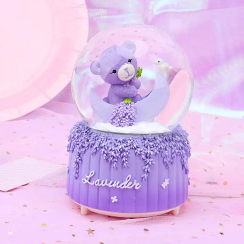 LORONZ Lavender Purple Bear Lover Music Boxes Crystal Snow Globe Music Box With Light Christmas Valentine's Day Girlfriend Gifts